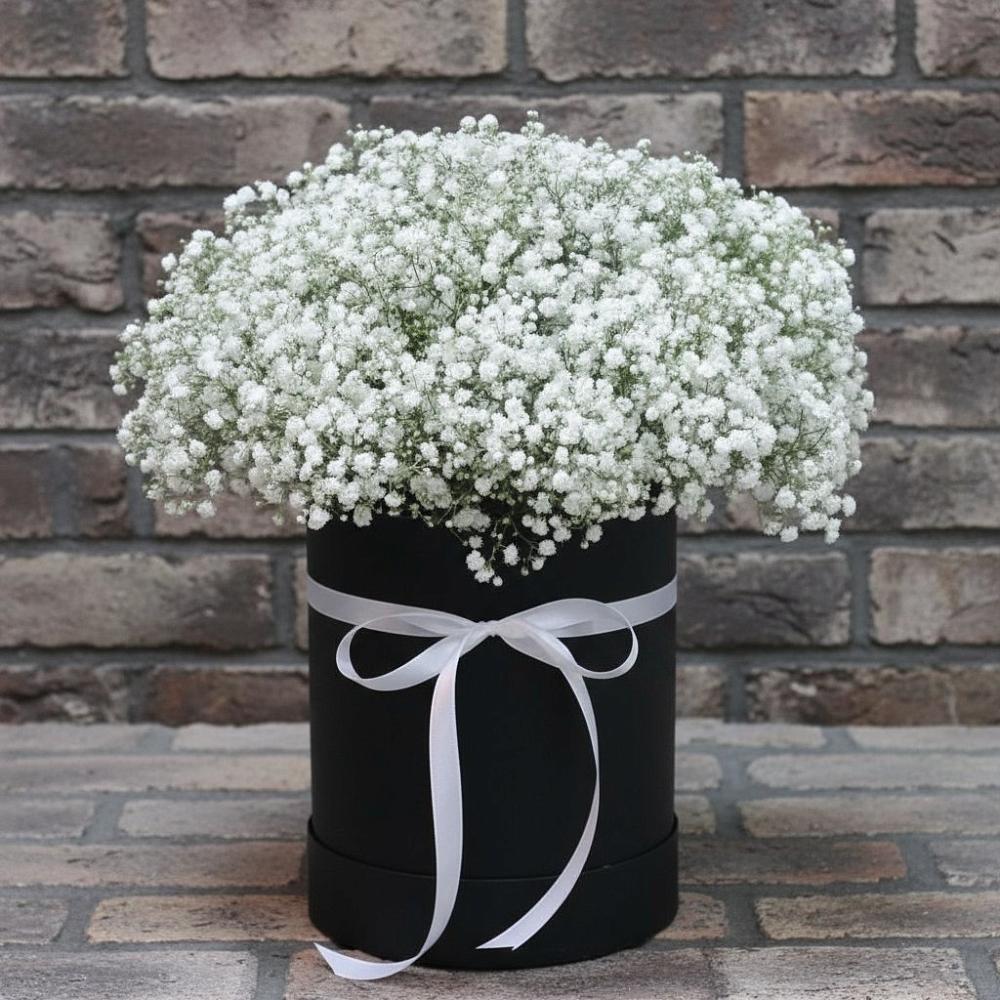 Цветочная композиция из Гипсофила в шляпной коробке в Первомайском Карачаево-Черкесской республики