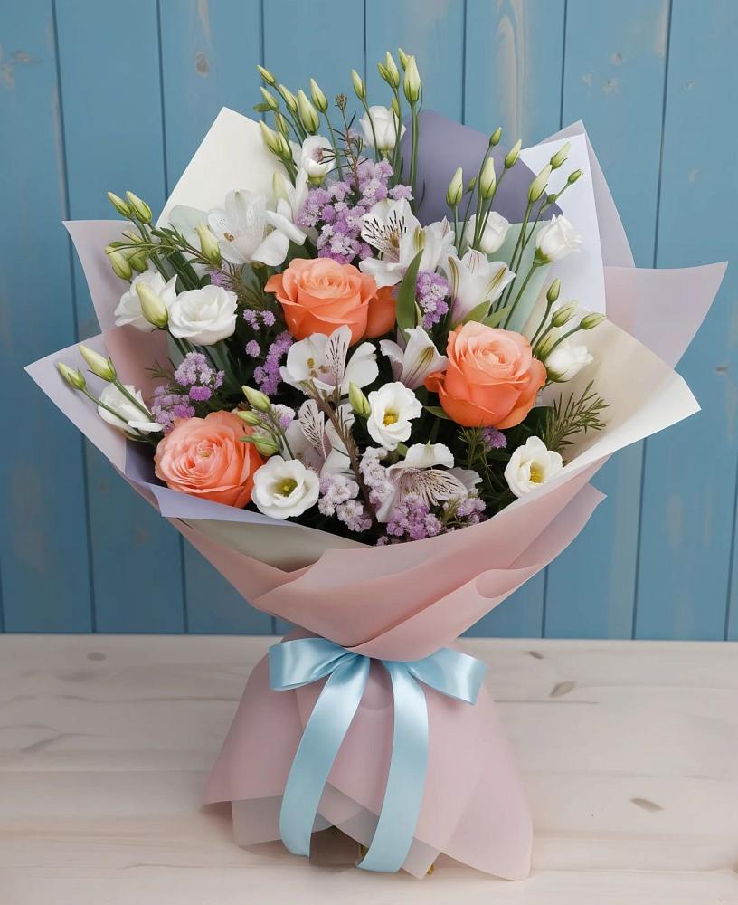 Букет цветов из: Лизиантусы, Розы, Альстромерии и Гипсофила в Первомайском Карачаево-Черкесской республики