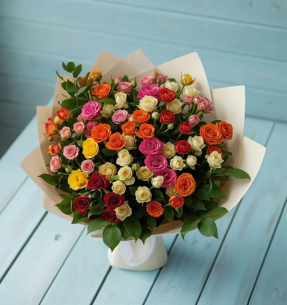 Букет Микс из разноцветных кустовых роз в Первомайском Карачаево-Черкесской республики