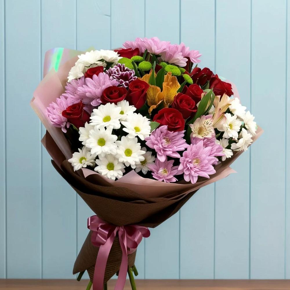 Букет цветов из: Розы, Хризантемы и Альстромерии в Первомайском Карачаево-Черкесской республики